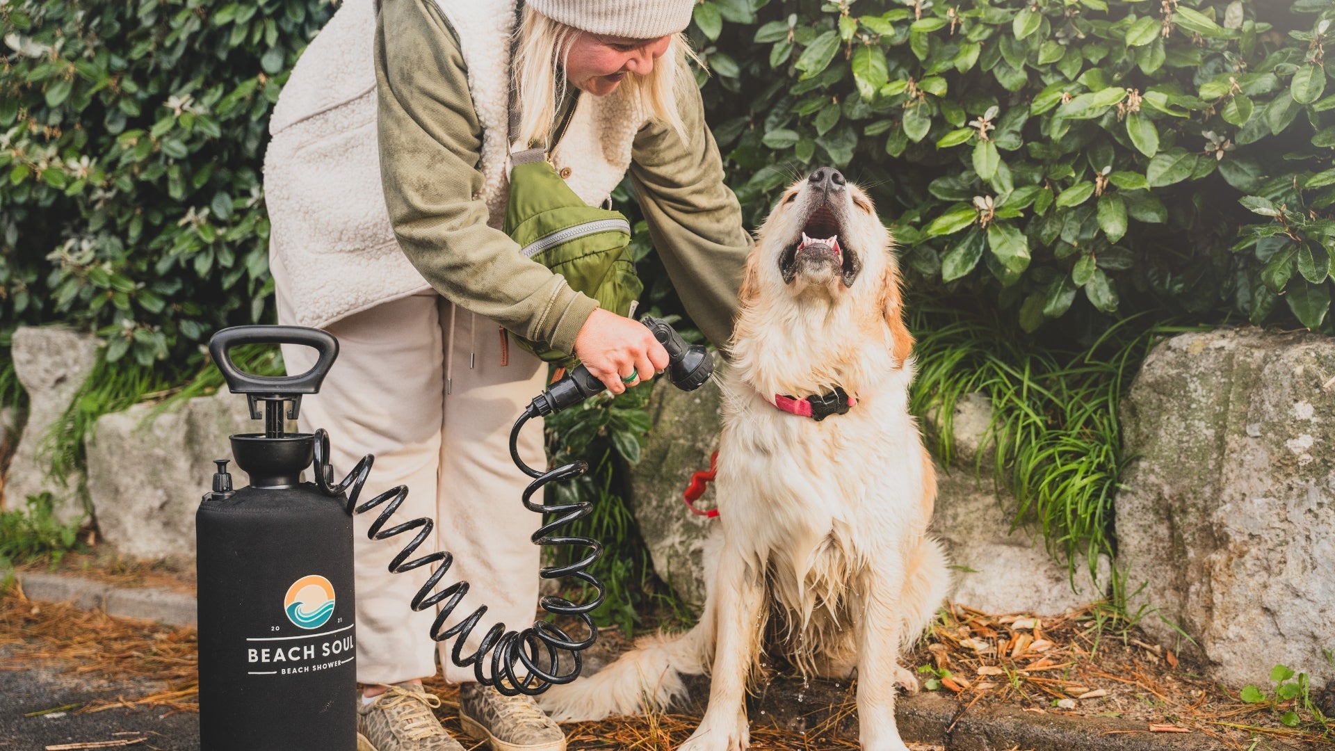 Golden retriever being rinsed with a Beach Soul portable shower outdoors