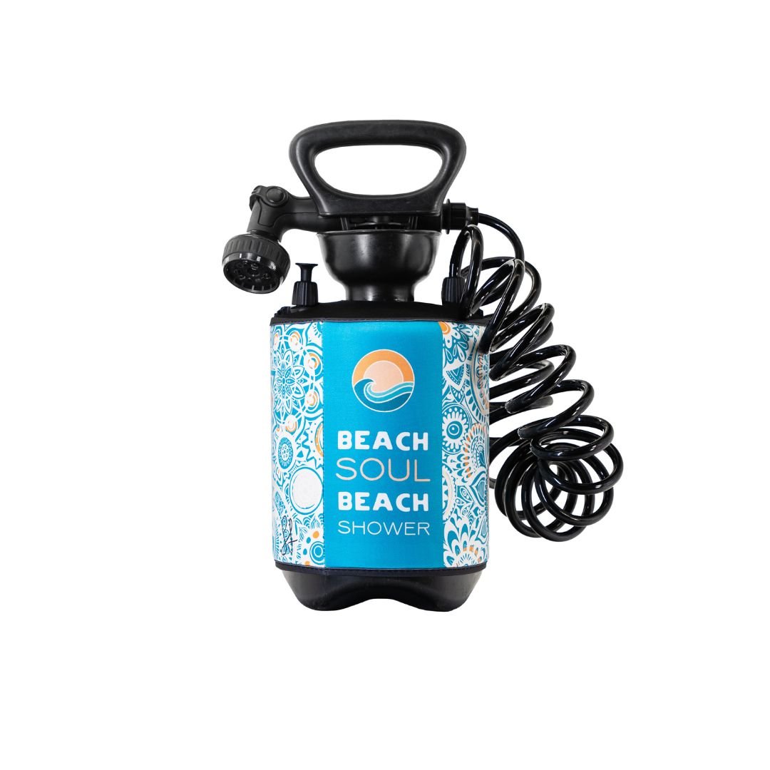 Front view of the Bliss Out 1.3G portable shower with hose and shower head