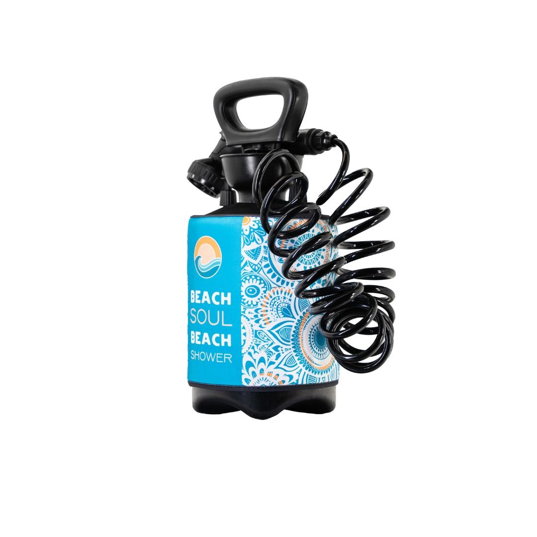 Angled view of the Bliss Out 1.3G portable shower with coiled hose