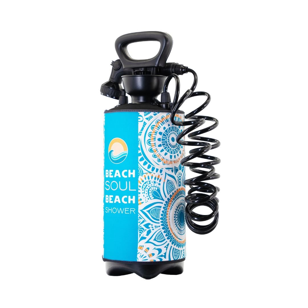 Side view of the Bliss Out 2.1G portable shower with coiled hose
