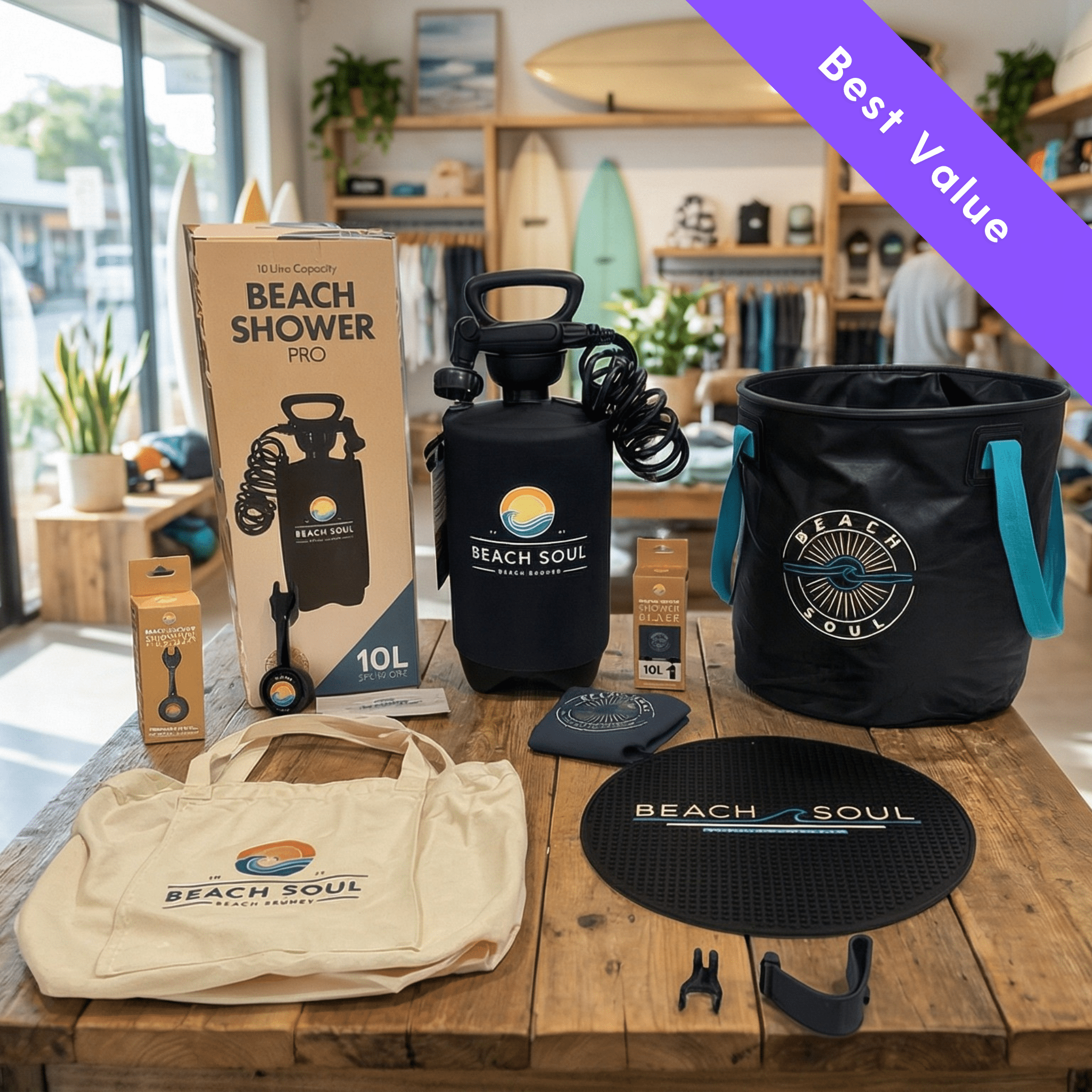 A collection of Beach Soul brand beach and outdoor products displayed on a rustic wooden table in a bright surf shop with surfboards prominent in the background, featuring a black 10L portable shower, a black collapsible bucket with vibrant teal handles, and a beige canvas tote bag, all adorned with the brand's colorful sun and wave logos, beneath a purple Best Value banner