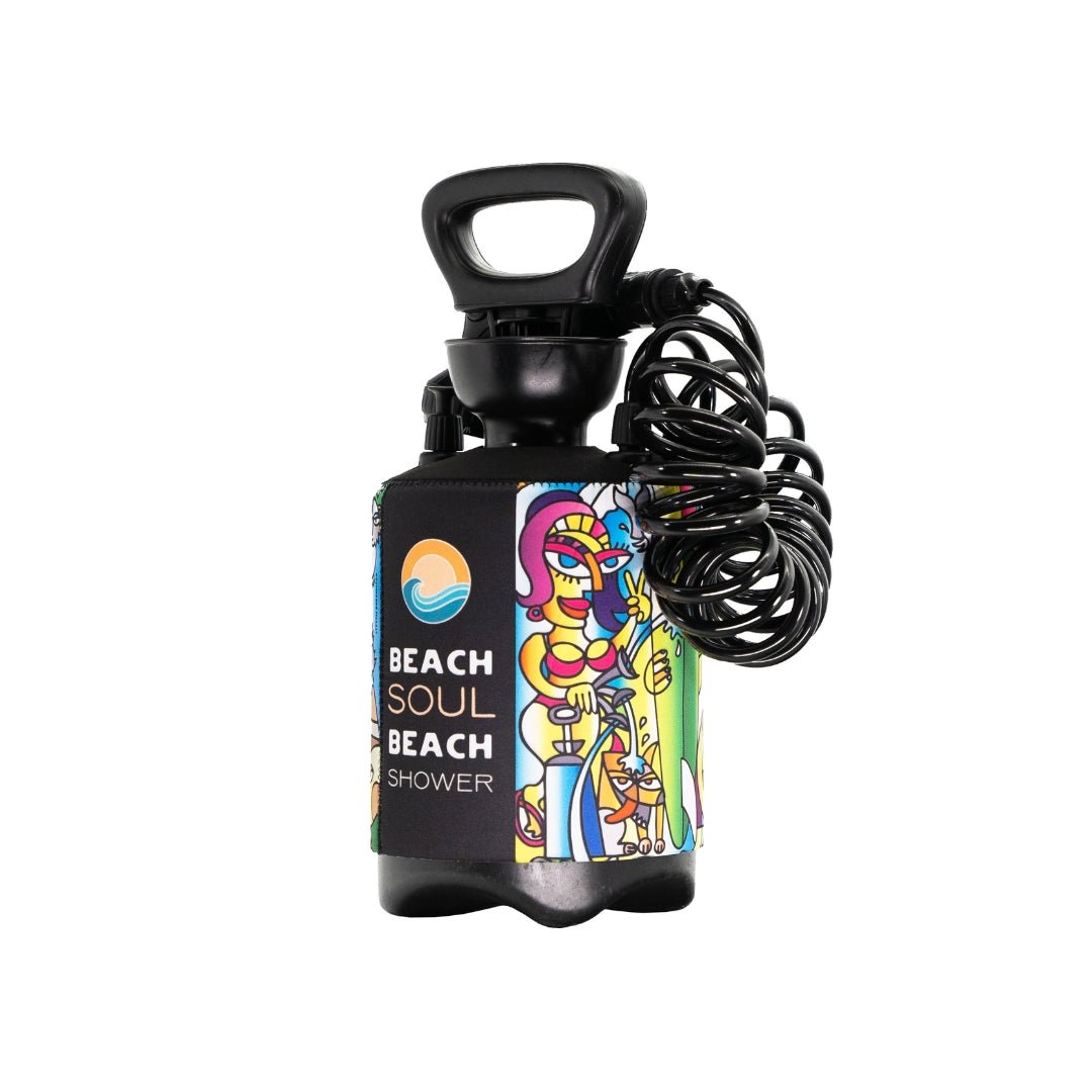 Angled view of the Livin’ the Dream 1.3G portable shower with coiled hose