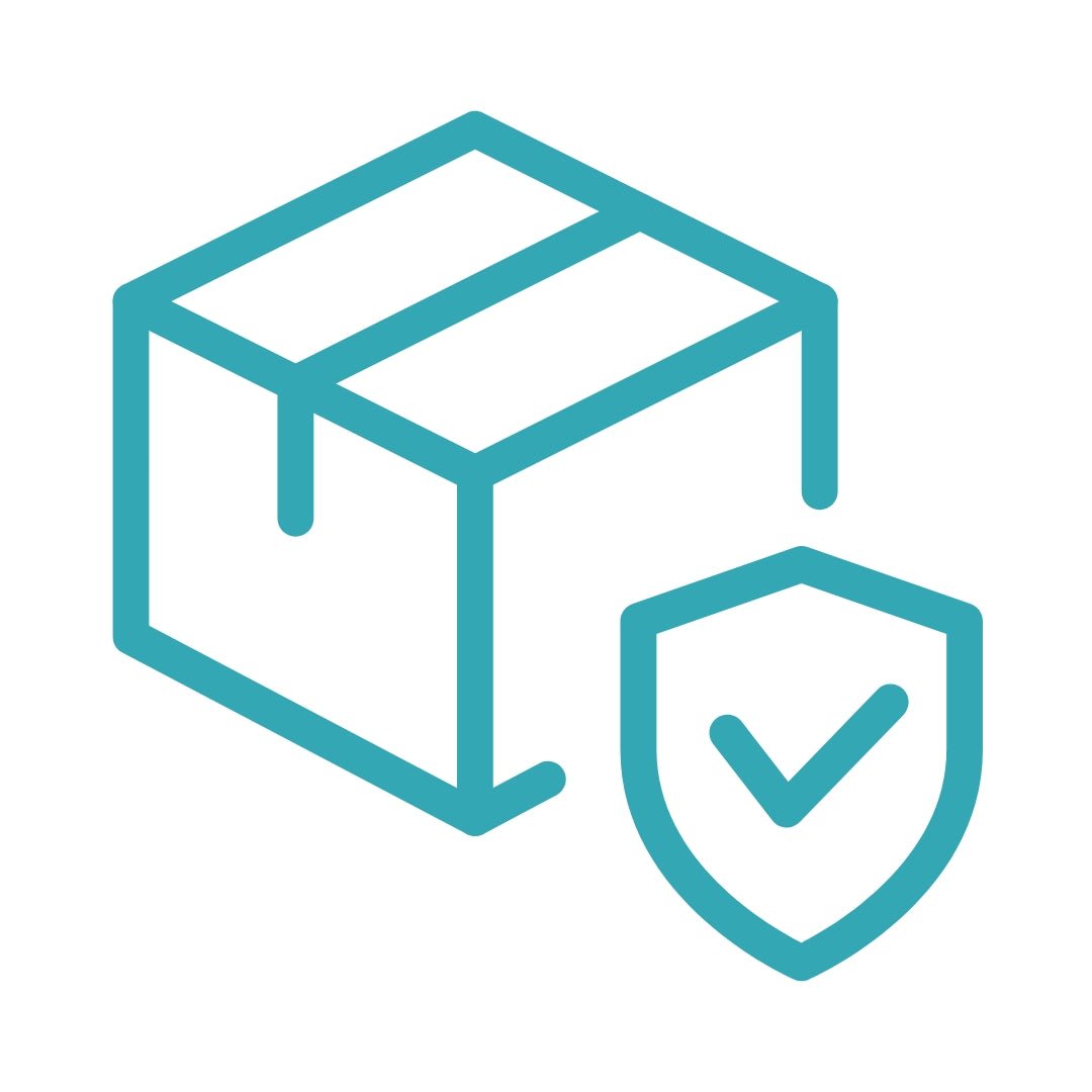 Digital icon of a teal outline isometric package box paired with a security shield containing a checkmark symbolizing secure delivery
