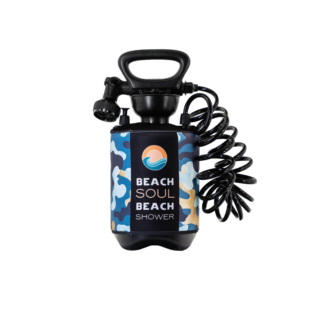 Front view of the Chill Chameleon 1.3G portable shower with hose and shower head