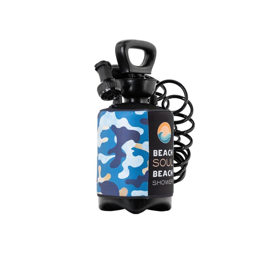 Angled view of the Chill Chameleon 1.3G portable shower with blue camouflage sleeve