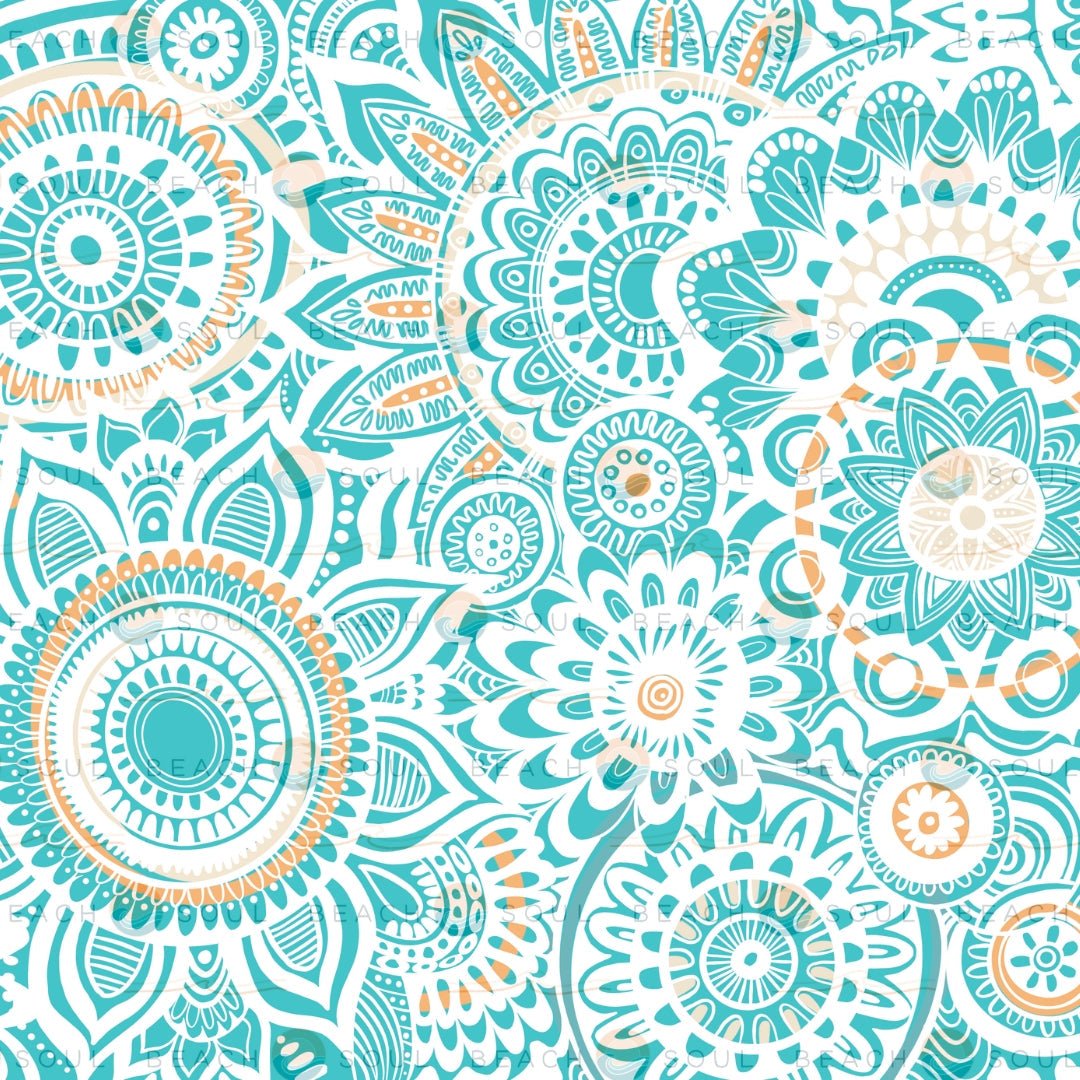 Close-up of the colourful floral mandala artwork on the Bliss Out shower sleeve