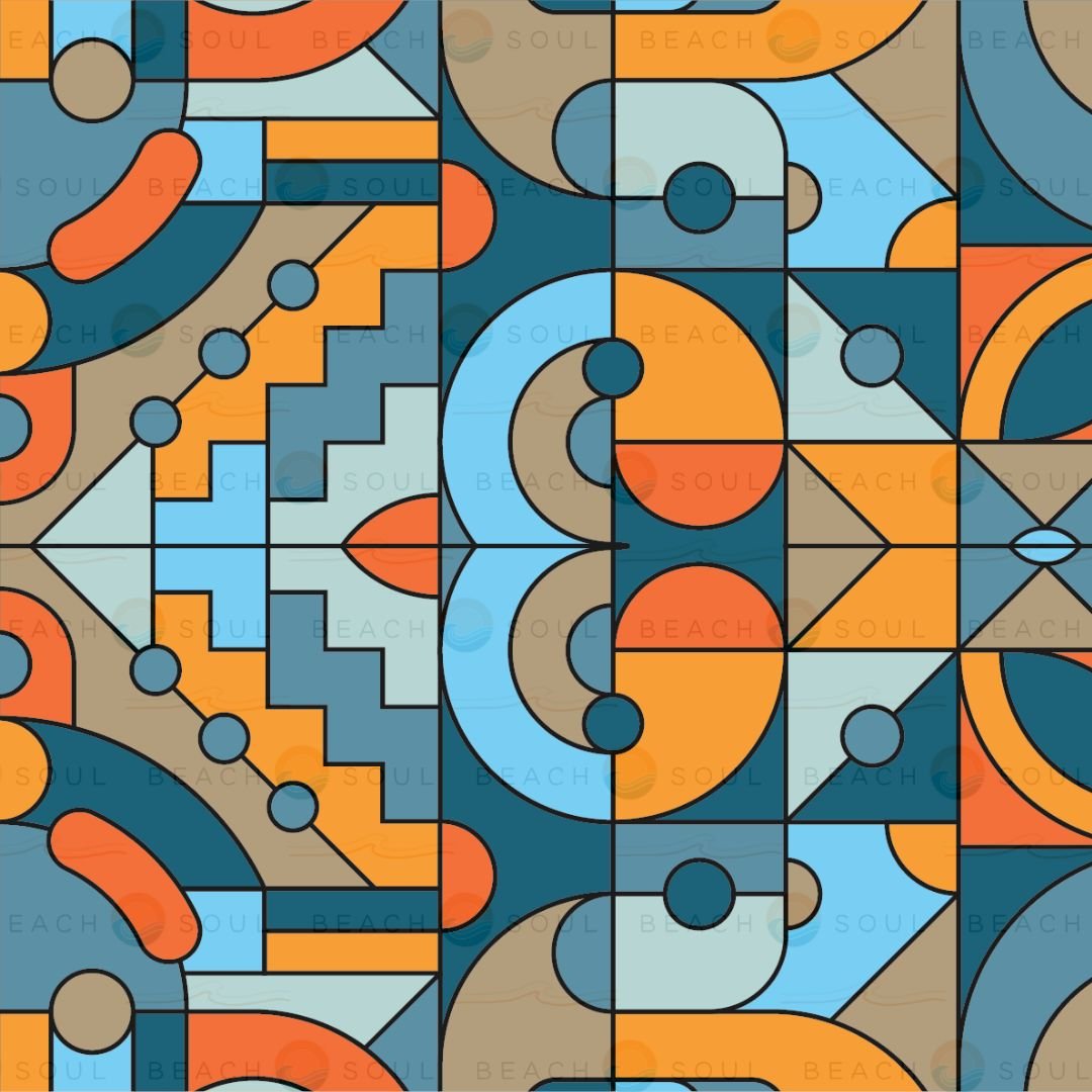 Digital art by Soul Beach presenting a seamless abstract geometric pattern with interlocking squares and curves featuring circles and repeating stair-like shapes in vibrant teal orange light blue and brown hues