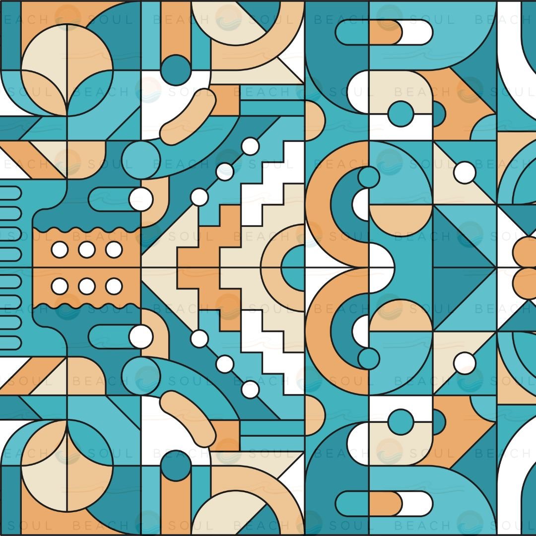 Digital art by Soul Beach, an abstract geometric pattern of interlocking teal, peach, and cream shapes including squares, circles, and a central zigzag staircase design