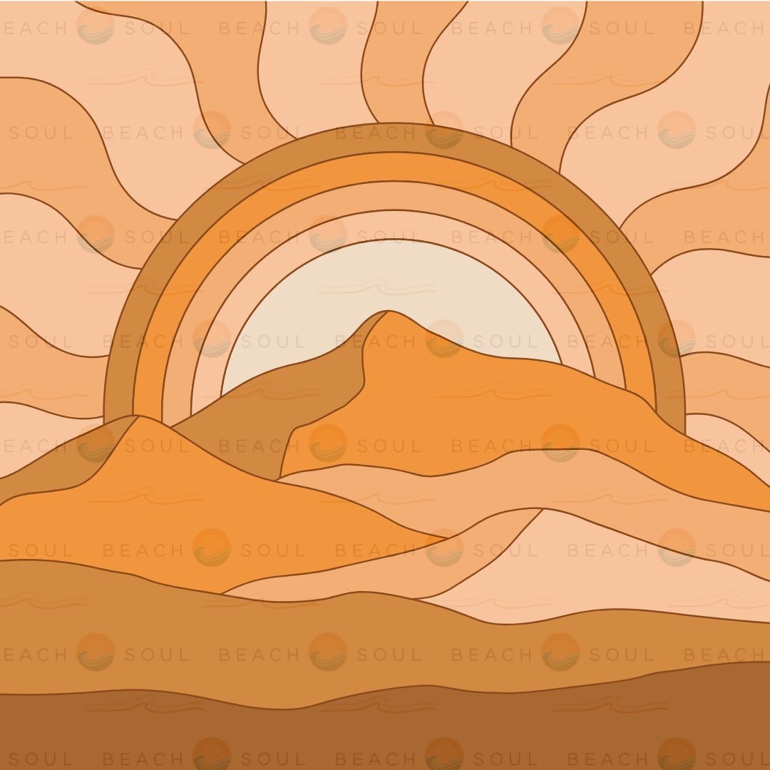 Digital illustration of a stylized desert landscape featuring wavy, layered sand dunes and an abstract arched sun-like motif rising over the horizon, all rendered in a monochromatic palette of earthy orange and brown tones