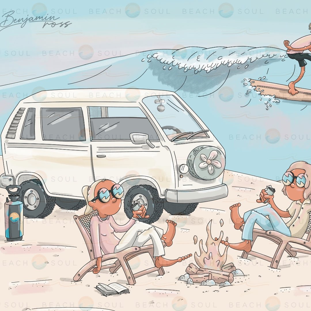 Stoked retro beach and campervan design for a Beach Soul Portable Shower sleeve