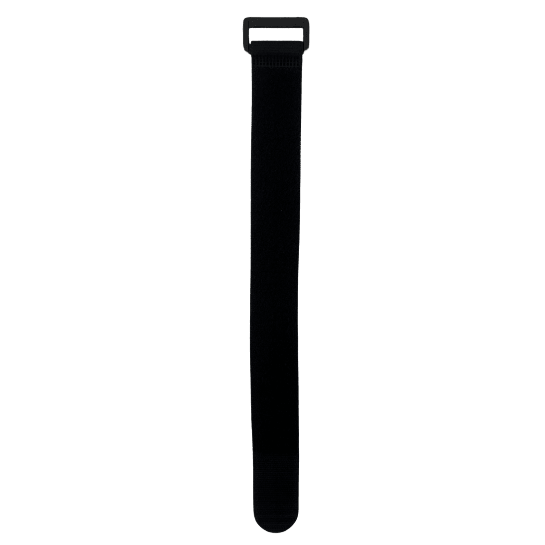 Product photograph of a black hook and loop cable tie featuring a rectangular plastic buckle at the top and a rounded end, centered vertically against a stark white background