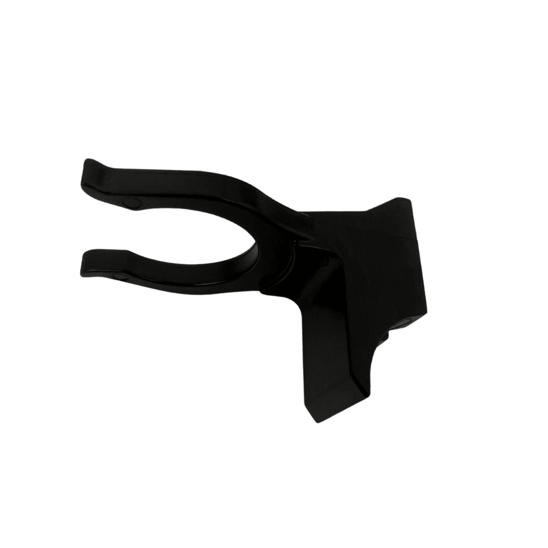 Black glossy plastic clip with a U-shaped opening and an angular mounting base