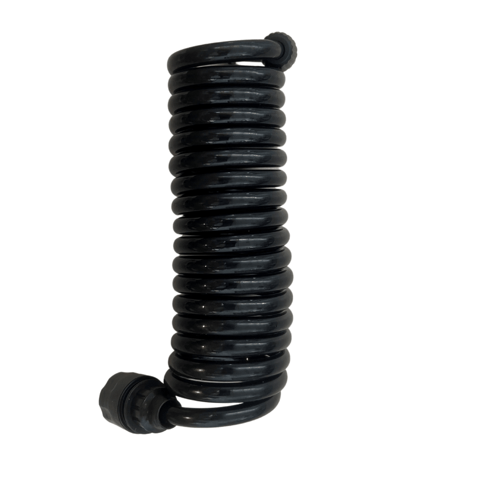 A portable shower coiled hose featuring ridged connectors at both ends presented on a clean white background