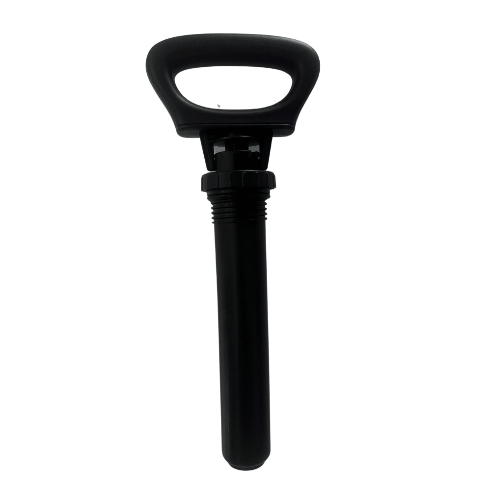 A black plastic pump handle with a D-shaped grip and a threaded cylindrical body