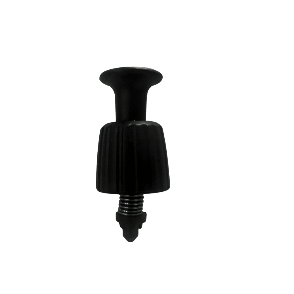 Photograph of a black portable shower pressure valve featuring a flared top, a ridged cylindrical base, and a visible metallic spring with a pointed tip