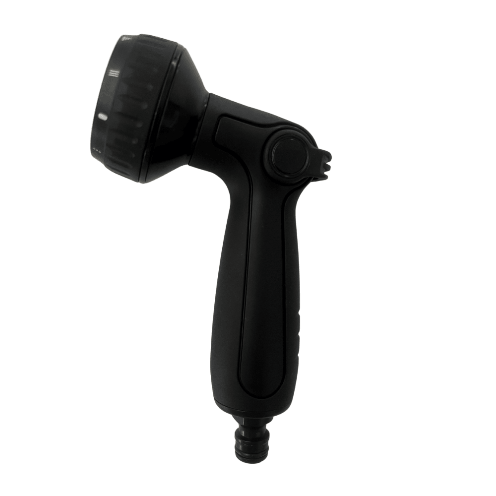 Black portable shower head hose nozzle featuring an adjustable spray head with visual pattern indicators, a contoured ergonomic grip, and a standard hose quick-connect fitting isolated on a white background