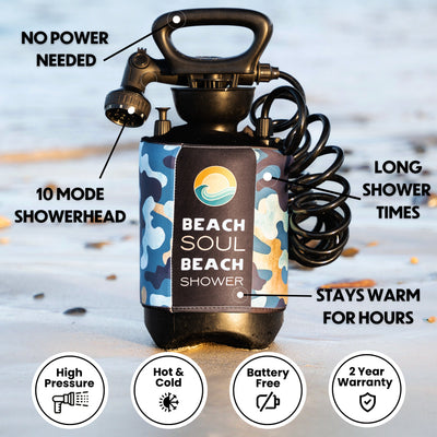 Product photography of a Beach Soul portable beach shower on wet sand, showcasing its blue camouflage sleeve with sun and wave logo, a 10-mode showerhead, and highlighted no power needed feature