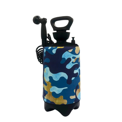 A portable pump shower with a blue and tan camouflage pattern featuring a black top handle and a coiled hose leading to a showerhead on a white background