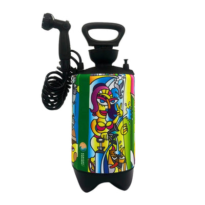 Portable pressure shower with a vibrant multi-colored graphic art sleeve featuring a stylized woman in a yellow bikini making a peace sign, dynamic water splashes, and other cartoonish figures, equipped with a black coiled hose and shower head