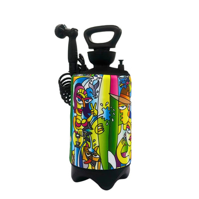 Portable pressure sprayer with vibrant cubist-style art depicting a beach scene featuring a woman making a peace sign, a man in a hat, and leaping dolphins over colorful waves and stripes