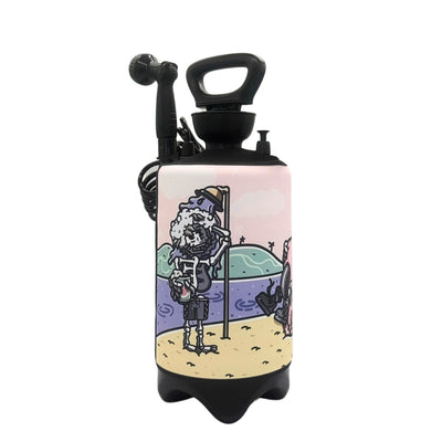 Portable pressure shower featuring a cartoon illustration of a skeleton in a straw hat playing golf on a sandy beach with a pink sky, purple ocean, and green hills