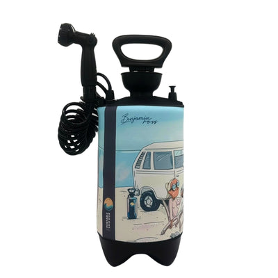 Illustrated graphic by Benjamin Ross on a portable shower depicting a vibrant beach scene featuring a white VW bus, a person relaxing in a beach chair with a surfboard nearby, and "Portable Shower" branding