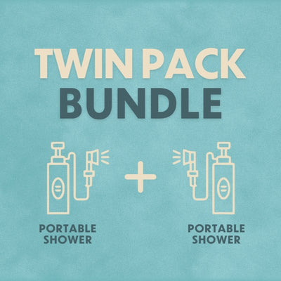 Graphic illustration presenting a twin pack bundle of portable showers with beige line art icons and dark grey and beige typography on a textured teal background