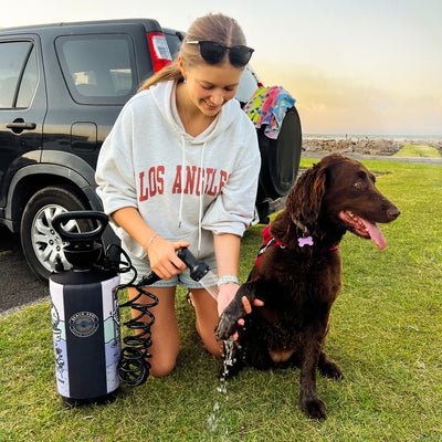 Young girl in a grey Los Angeles hoodie washes a happy brown dog's paw with a portable Beach Soul shower on green grass beside a rocky coastline at sunset with colorful towels draped over an SUV