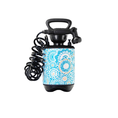 Product photo of a portable pressure shower featuring a vibrant blue and orange mandala pattern on its cylindrical body, a coiled black hose, and a black top handle with an attached showerhead on a white background