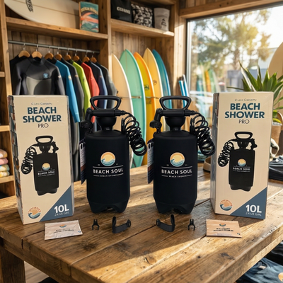 Two K-Lou Custom Beach Shower Pro portable showers, one in its beige 10L box and one unpackaged black unit with a coiled hose and Beach Soul logo, are prominently displayed on a rustic wooden table inside a vibrant surf shop with colorful wetsuits and multiple surfboards visible in the background