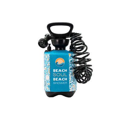 Product photograph of a Beach Soul portable beach shower featuring a vibrant teal patterned neoprene sleeve with a blue and orange wave logo and BEACH SOUL BEACH SHOWER text, a black handle, coiled hose, and multi-setting sprayer nozzle on a white background