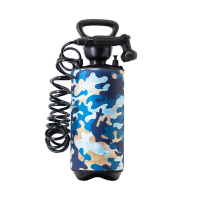 Portable pressure shower with a blue camouflage patterned tank, a black coiled hose, and a shower-style nozzle isolated on a white background