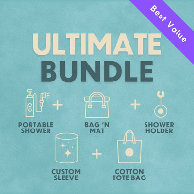A teal graphic illustrating an Ultimate Bundle with a purple Best Value banner and icons for a portable shower, bag 'n mat, shower holder, custom sleeve, and cotton tote bag