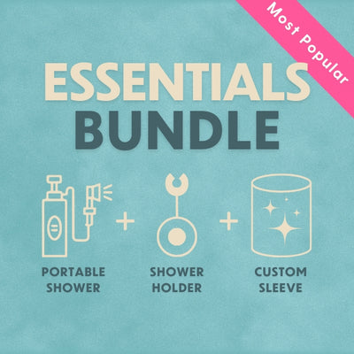 Graphic advertisement for an Essentials Bundle on a light blue textured background featuring a pink Most Popular banner and white line-art icons for a portable shower, shower holder, and custom sleeve