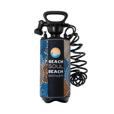 Beach Soul portable shower with black handle and coiled hose vibrant blue and orange abstract patterned sleeve and sun wave logo