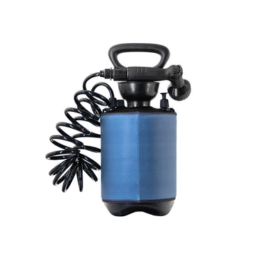 Digital product photograph of a portable pressure sprayer featuring a blue insulated tank, a black coiled hose, and an integrated handheld showerhead nozzle