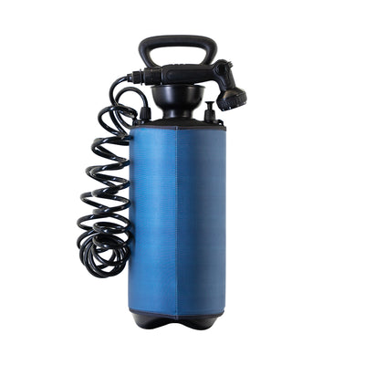 Product image of a portable pressurized shower with a blue cylindrical body, black pump handle, and coiled hose on a clean white background
