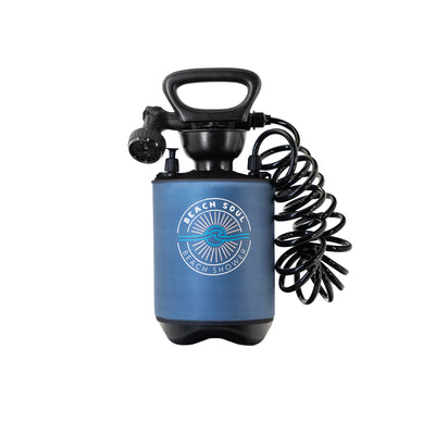 Product image of a Beach Soul portable shower with a blue cylinder, black top handle, and coiled hose, featuring a white and blue sun and wave logo on a white background