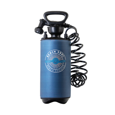 Blue Beach Soul portable shower featuring a white sun and wave logo, black top handle, shower nozzle, and coiled hose