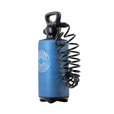 Portable blue manual pressure shower with a black handle, coiled hose, and white Beach Soul Beach Shower logo