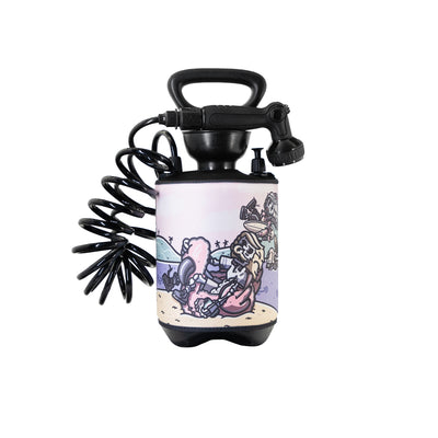 Portable black and pale pink pressure sprayer featuring a vibrant cartoon illustration of a fluffy pink flamingo-like creature and a skeleton surfer on a sandy beach under a purple sky with a coiled black hose