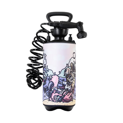 Portable pressure sprayer with a black handle and coiled hose, featuring a vibrant cartoon graphic of a pink flamingo and a surfing dog on a colorful beach scene