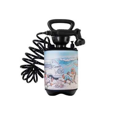 Black portable pressure shower with a graphic sleeve featuring a cartoon beach scene with two people in sunglasses sitting by a campfire next to a white van with large blue ocean waves in the background