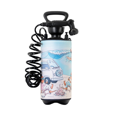 A black portable pressurized shower with a coiled hose, featuring a whimsical illustration of anthropomorphic animal characters enjoying a beach scene with a retro camper van, a campfire, and breaking waves