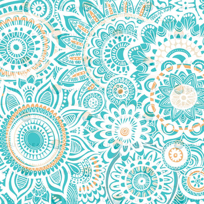 Digital pattern of intricate bohemian mandalas and paisleys in teal, white, and peach colors featuring detailed floral and geometric motifs