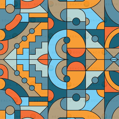 Digital art by Soul Beach presenting a seamless abstract geometric pattern with interlocking squares and curves featuring circles and repeating stair-like shapes in vibrant teal orange light blue and brown hues