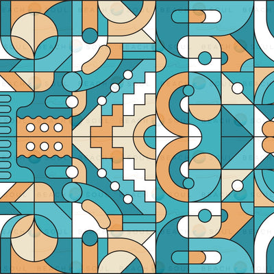 Digital art by Soul Beach, an abstract geometric pattern of interlocking teal, peach, and cream shapes including squares, circles, and a central zigzag staircase design