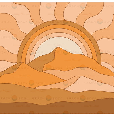 Digital art in a retro groovy style depicting an abstract desert landscape with a concentric layered orange sunset and rolling hills in various shades of brown and orange, patterned with SOUL BEACH watermarks