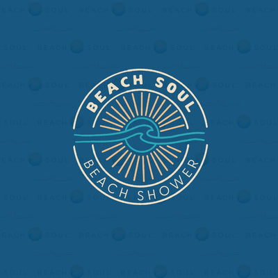 Digital logo featuring a circular white outline with 'BEACH SOUL' and 'BEACH SHOWER' text, enclosing a vibrant light blue ocean wave and a stylized yellow sun with radiating lines on a deep blue patterned background