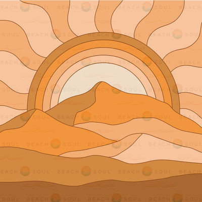Digital illustration of a stylized desert landscape featuring wavy, layered sand dunes and an abstract arched sun-like motif rising over the horizon, all rendered in a monochromatic palette of earthy orange and brown tones